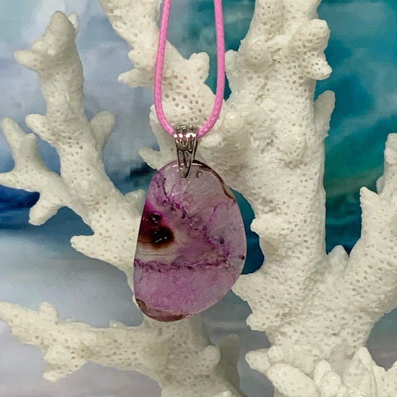 Pink Druzy Geode Agate Slice Pendant Necklace on Waxed Cotton Cord Handmade - Picture 6 of 14